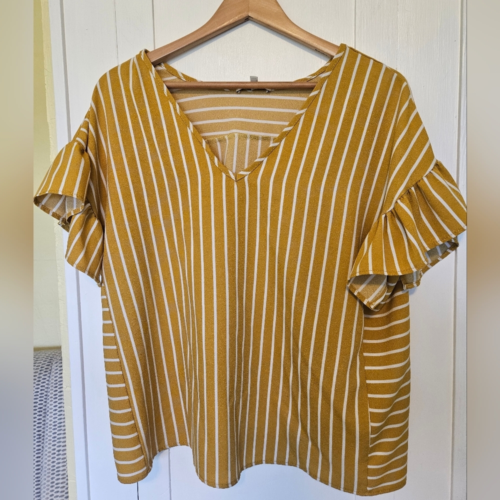 Cozy Casual Mustard and White Striped Blouse Size Large